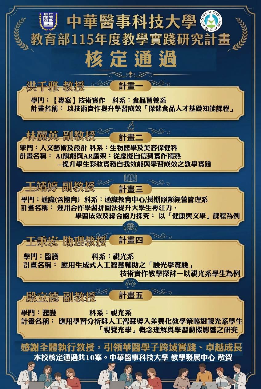 115年教學實踐研究計畫勇奪10案補助