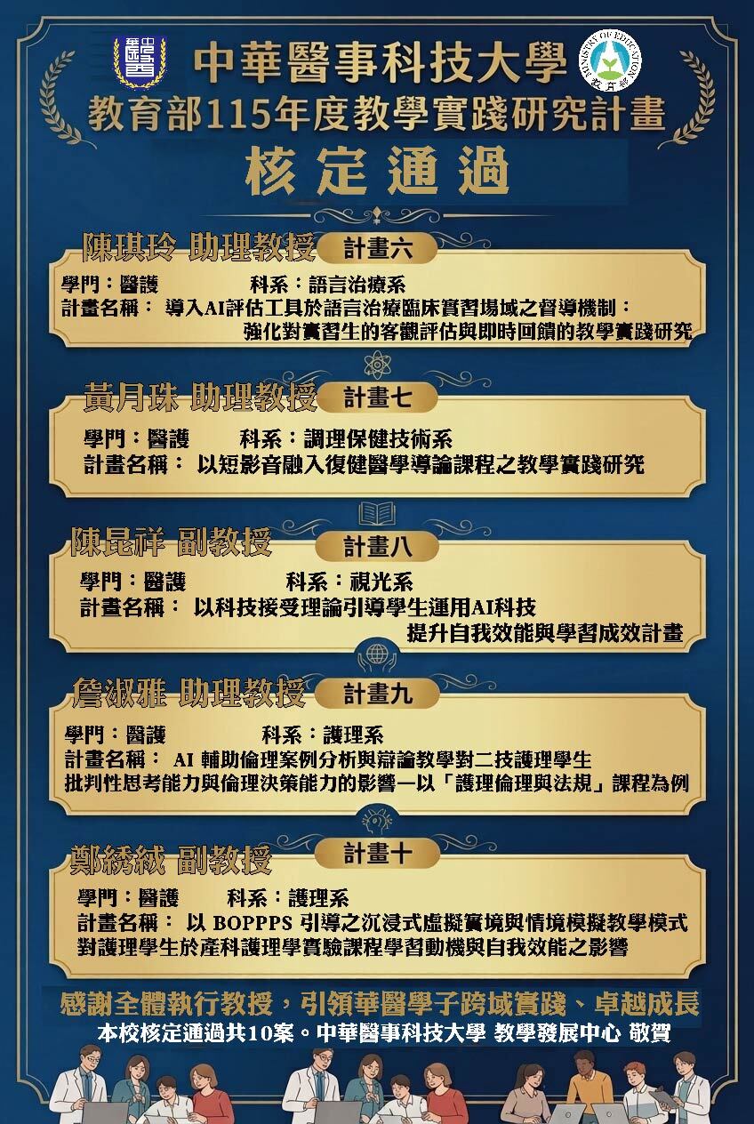 115年教學實踐研究計畫勇奪10案補助